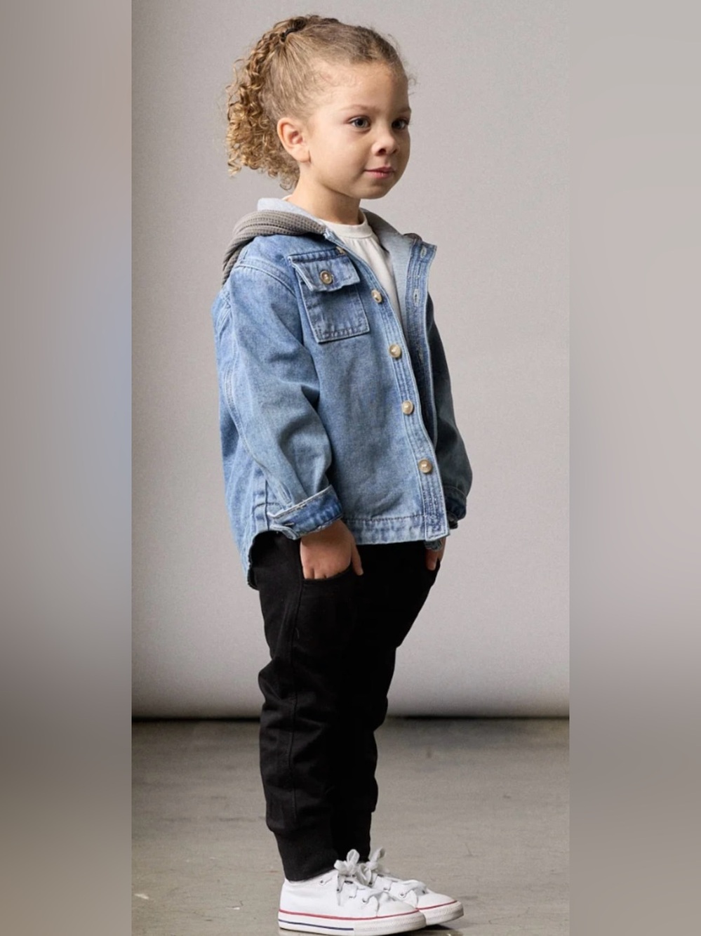 Brand new Little Bipsy Washed Blue Denim Jacket with Gray Hood size 5-6
